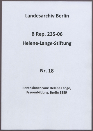 Rezensionen von: Helene Lange, Frauenbildung, Berlin 1889 